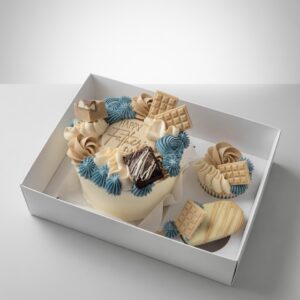 Boxed celebration cake adorned with blue and beige buttercream swirls, chocolate squares, and a small cake slice in a white gift box with cupcakes nearby