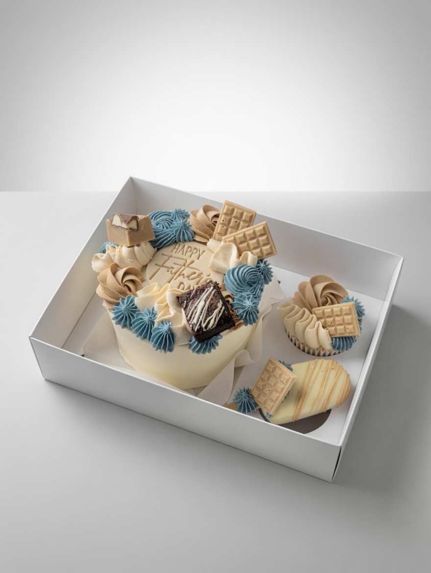 Boxed celebration cake adorned with blue and beige buttercream swirls, chocolate squares, and a small cake slice in a white gift box with cupcakes nearby