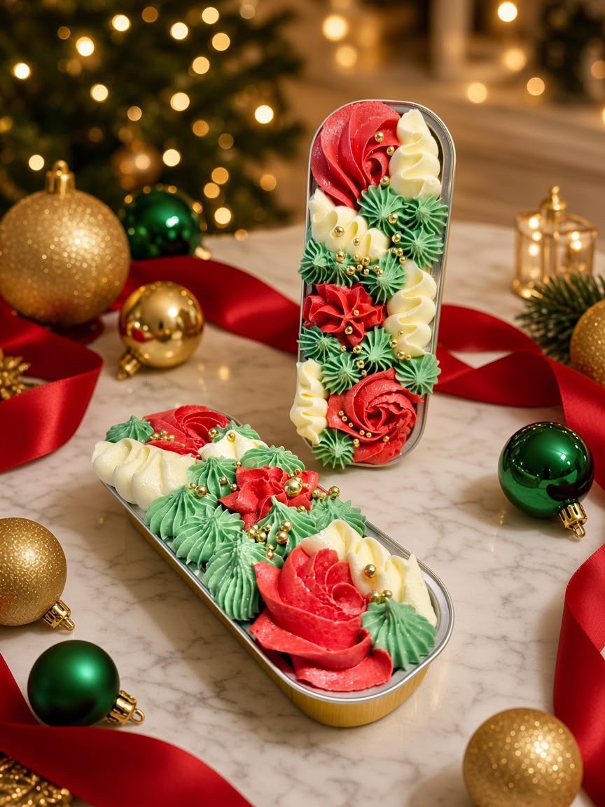 Decorative Christmas cookies piped in red, green, and white frosting in two metal tins on a marble table, with gold ornaments and red ribbon in the background.