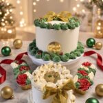 Tiered white cakes with green piped frosting rosettes, gold bows, and holiday ornaments on a marble table.