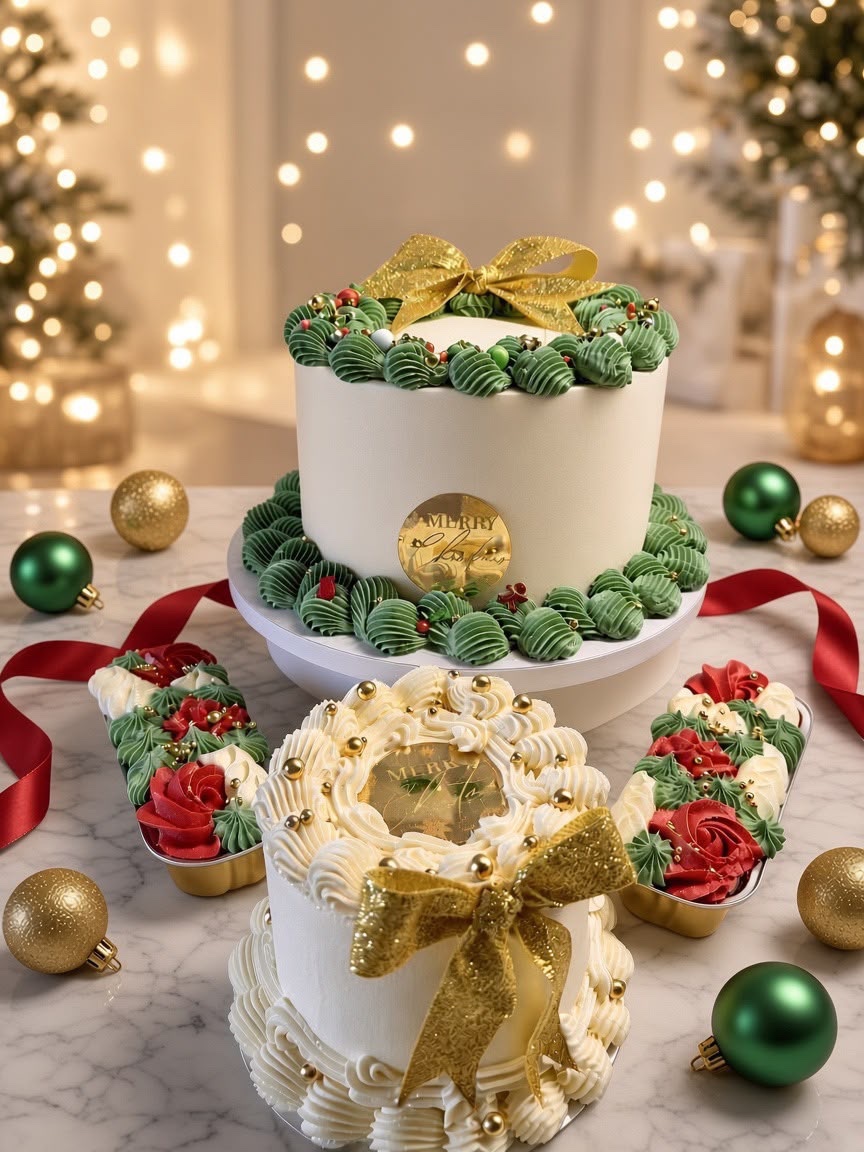 Tiered white cakes with green piped frosting rosettes, gold bows, and holiday ornaments on a marble table.