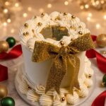 White Christmas cake with piped frosting, gold bow, and decorative gold beads on a silver cake board, holiday ornaments nearby.
