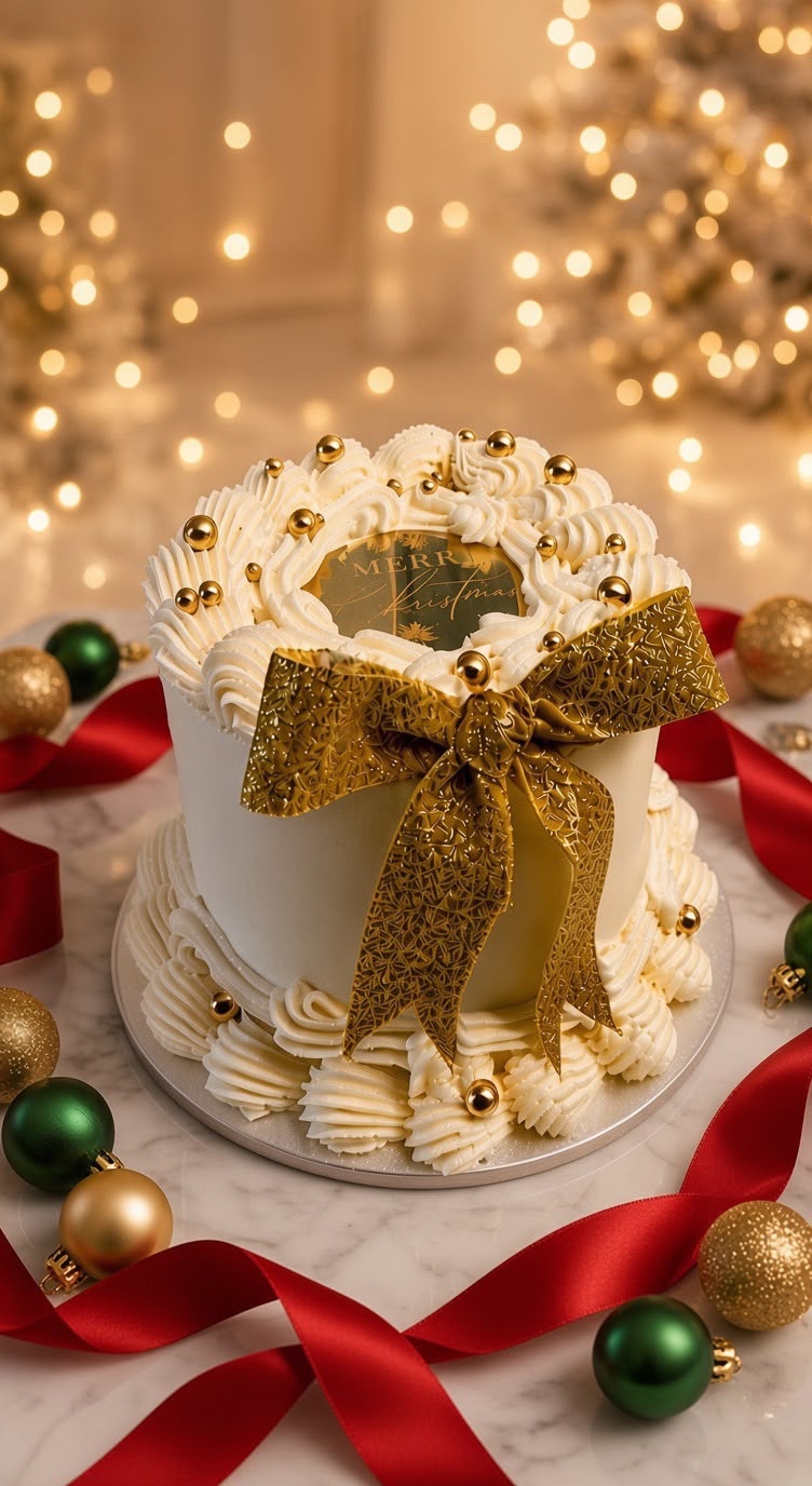 White Christmas cake with piped frosting, gold bow, and decorative gold beads on a silver cake board, holiday ornaments nearby.