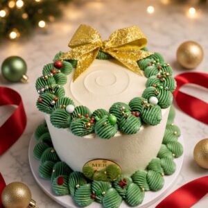 White frosted cake decorated with green piped rosettes, gold beads, and a glittering gold bow; festive red ribbon and ornaments around it.