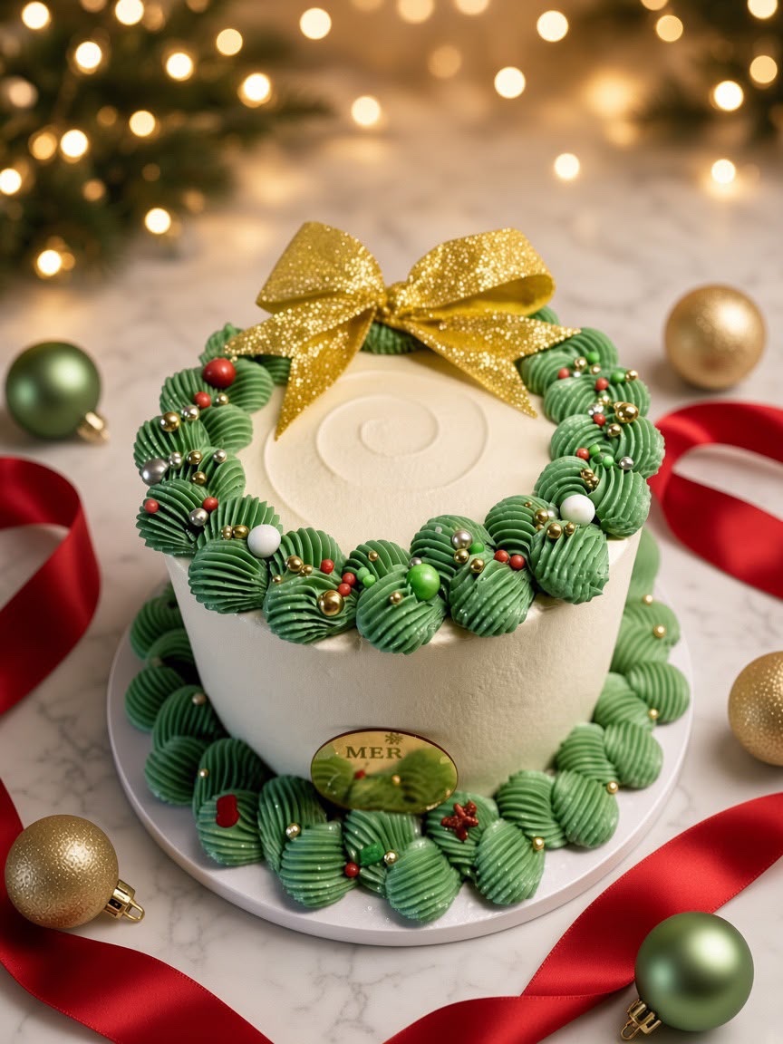 White frosted cake decorated with green piped rosettes, gold beads, and a glittering gold bow; festive red ribbon and ornaments around it.