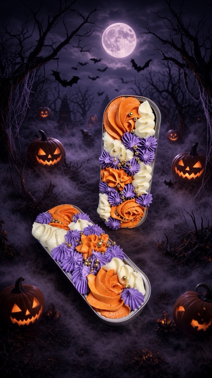 Two elongated trays of orange, purple, and white frosted cupcakes in a Halloween scene with jack-o'-lanterns, bats, and a full moon.