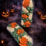 Two decorative dessert boxes with orange, green, and white frosting in a Halloween scene with pumpkins and a full moon behind bats.