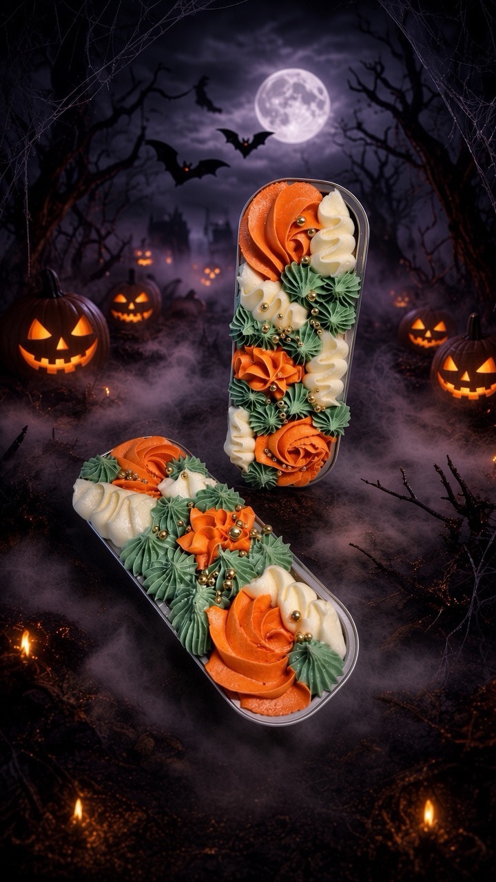 Two decorative dessert boxes with orange, green, and white frosting in a Halloween scene with pumpkins and a full moon behind bats.