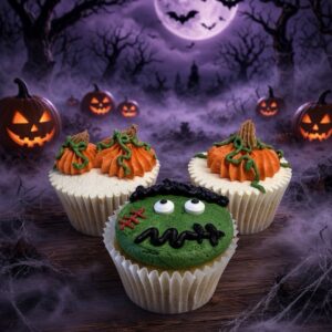 Halloween cupcakes with orange pumpkin-topped swirls and a Frankenstein-faced green cupcake in front, set against a spooky purple moonlit background with jack-o'-lanterns and bare trees.