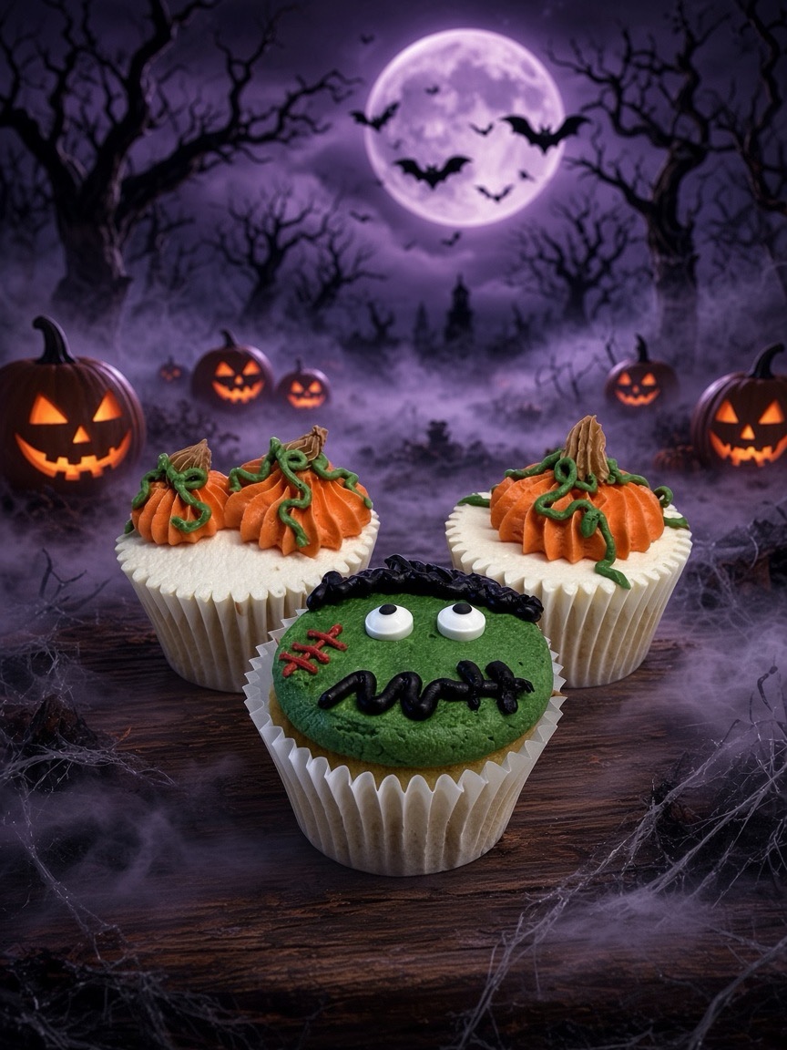Halloween cupcakes with orange pumpkin-topped swirls and a Frankenstein-faced green cupcake in front, set against a spooky purple moonlit background with jack-o'-lanterns and bare trees.