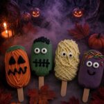 Four Halloween marshmallow pops with faces on sticks, arranged with pumpkins in a purple moonlit scene.