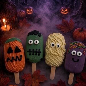 Four Halloween marshmallow pops with faces on sticks, arranged with pumpkins in a purple moonlit scene.