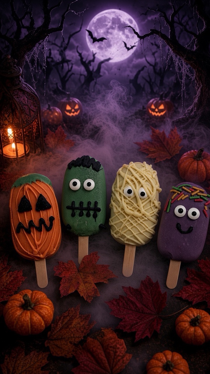 Four Halloween marshmallow pops with faces on sticks, arranged with pumpkins in a purple moonlit scene.
