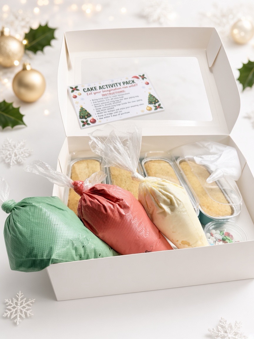 Open white box revealing a Christmas cake activity pack with three colored frosting bags (green, red, white) and decorating items inside.